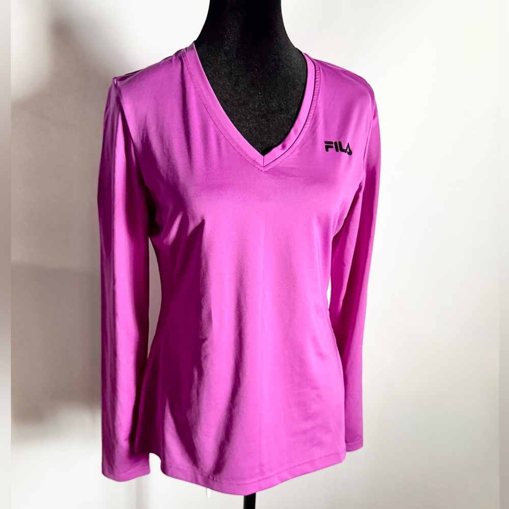 Fila Women’s Long Sleeve V-Neck Tee in Bright Pinkish/Purplish